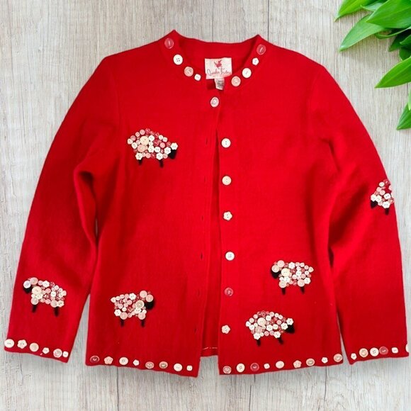 QUACKER FACTORY Vintage Red Wool Black Sheep Decorative Button Cardigan Sweater - Picture 1 of 7
